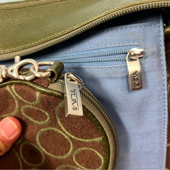 TUMI Wool Leather Trim Tote Shoulder Bag and Wallet Brown Green 13"x9.5" Circles - Picture 6 of 16